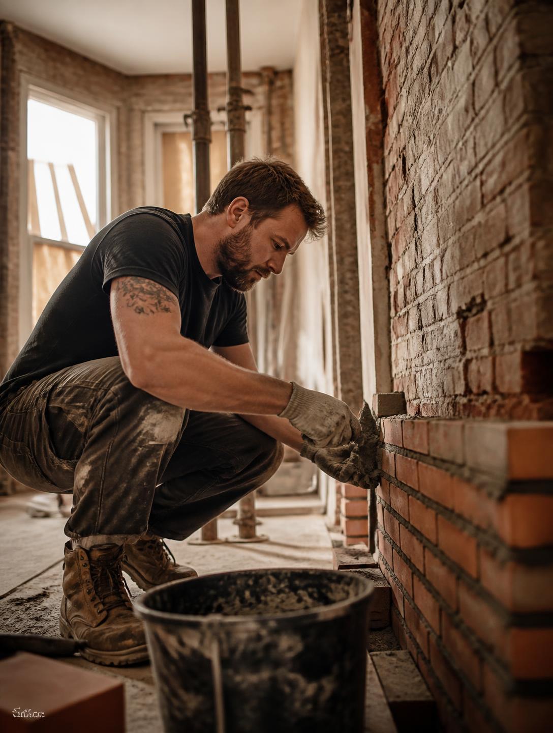 Tradesperson laying brickwork during a Liverpool terrace refurbishment