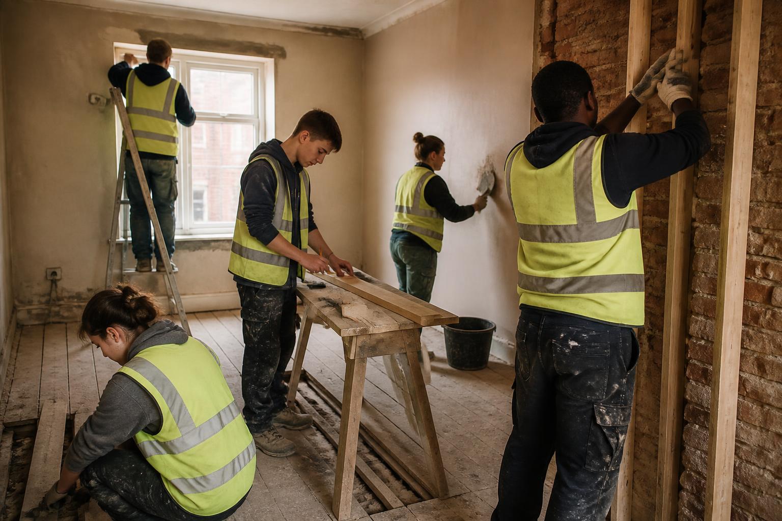 A team of apprentices and tradespeople working together on a refurbishment project, representing Revive's investment in people and communities.